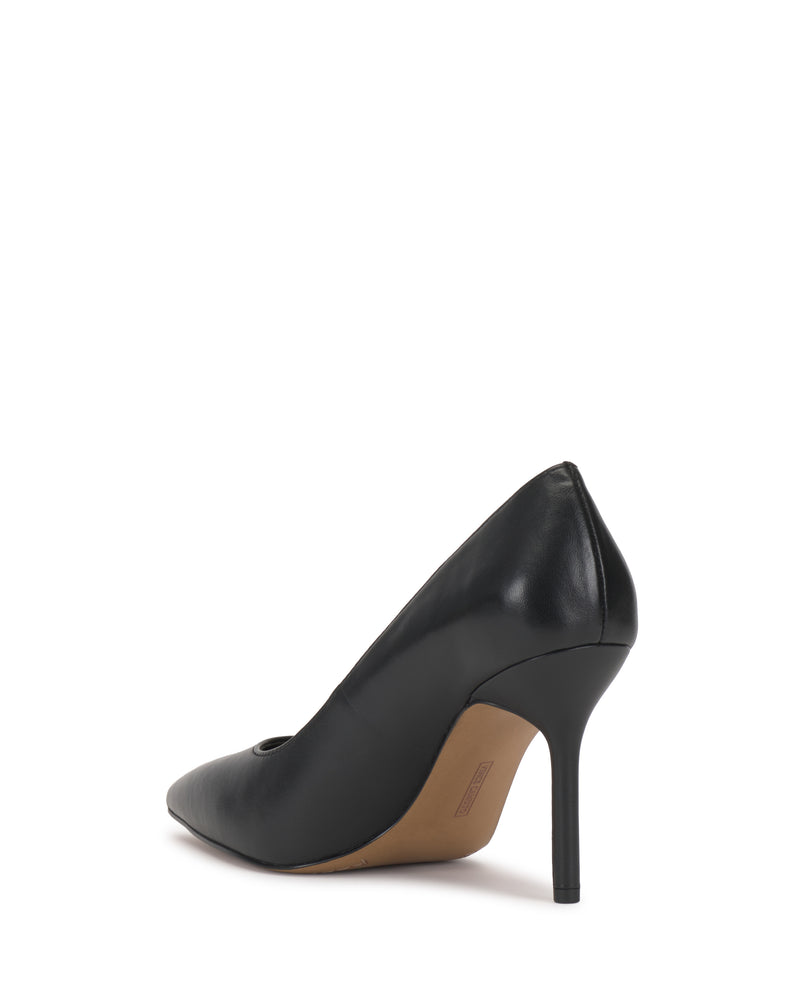 The Vince Camuto Maisha Pump is a black stiletto heel shoe with a pointed toe, shown from the back side angle on a white background. The beige sole and sleek silhouette are visible.