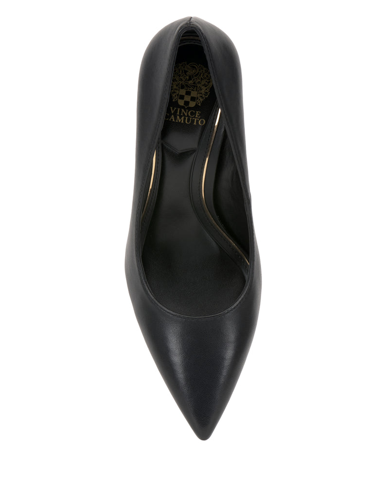 Top view of the Vince Camuto Maisha Pump, a black pointed-toe high heel with a smooth leather finish and visible Vince Camuto logo on the insole.