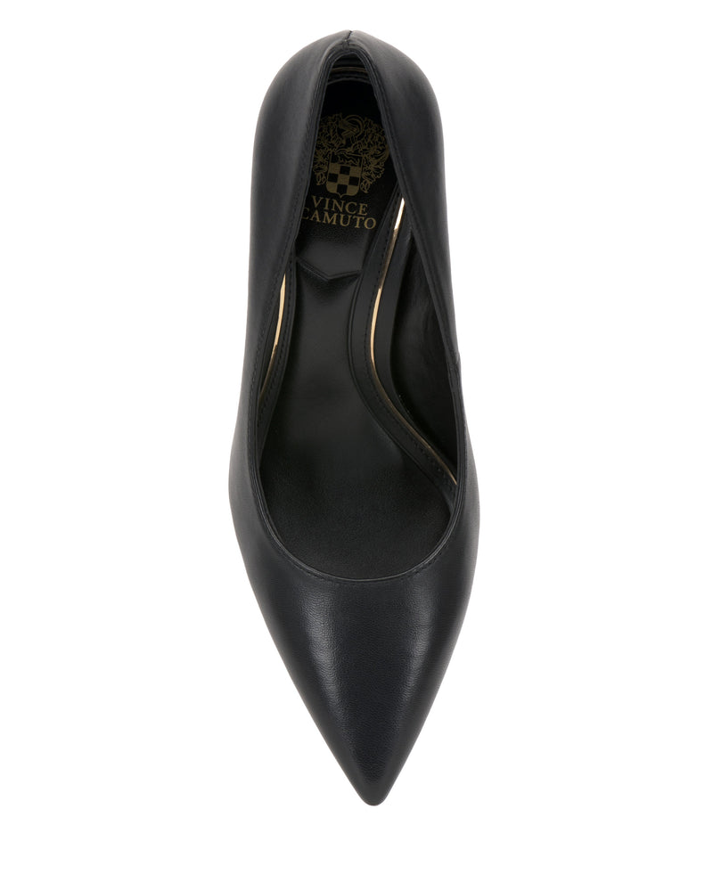 Top view of the Vince Camuto Maisha Pump, showcasing a black pointed toe, classic heel, smooth leather finish, and the Vince Camuto logo on the insole.