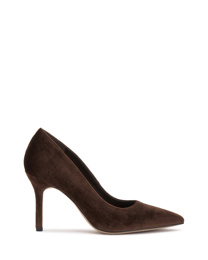 The Maisha Pump by Vince Camuto is a single brown suede high-heeled shoe with a pointed toe, displayed in side profile on a white background.