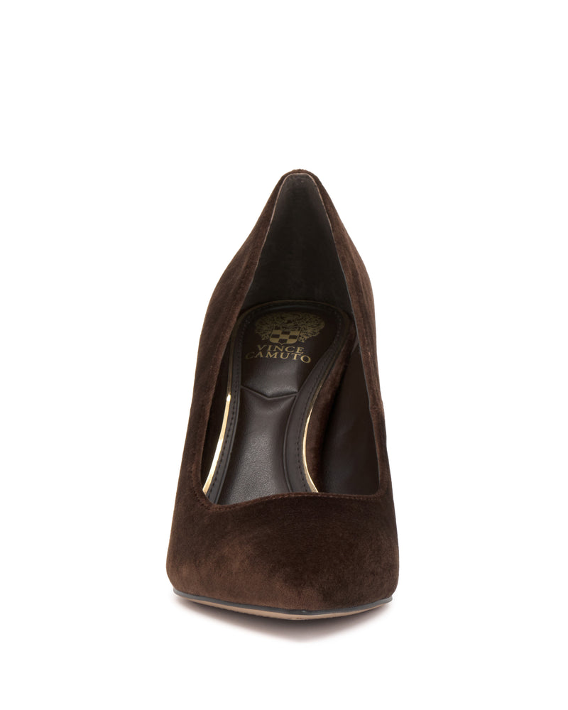 Front view of a single Vince Camuto Maisha Pump in dark brown suede, featuring a pointed toe and a gold Vince Camuto logo visible on the insole. The background is plain white.