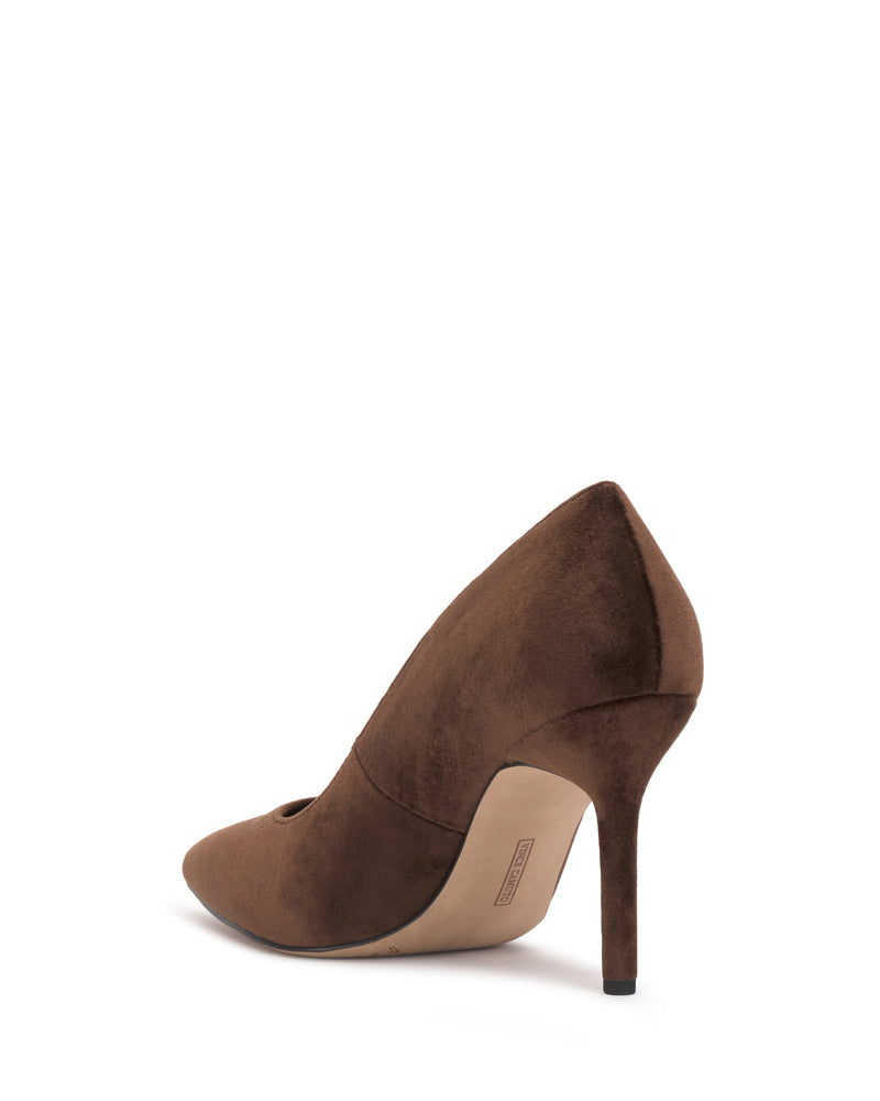 The Vince Camuto Maisha Pump is displayed from a back side angle against a white background, featuring brown suede material, a pointed toe, and a slim stiletto heel.