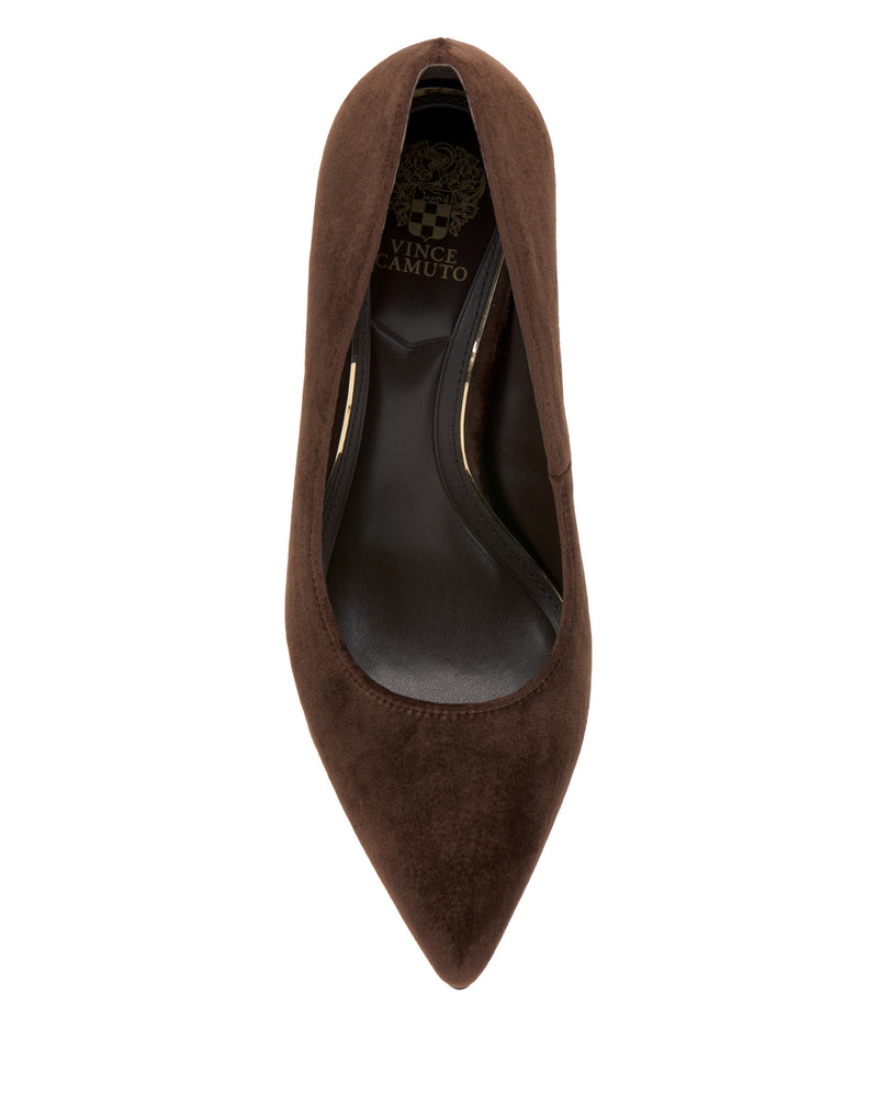Top view of the Vince Camuto Maisha Pump, a single brown suede pointed-toe flat with a black insole and gold logo on the heel area.