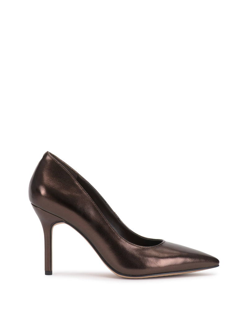 The Vince Camuto Maisha Pump is a dark brown, metallic high-heeled shoe featuring a pointed toe and slim heel, displayed against a plain white background.