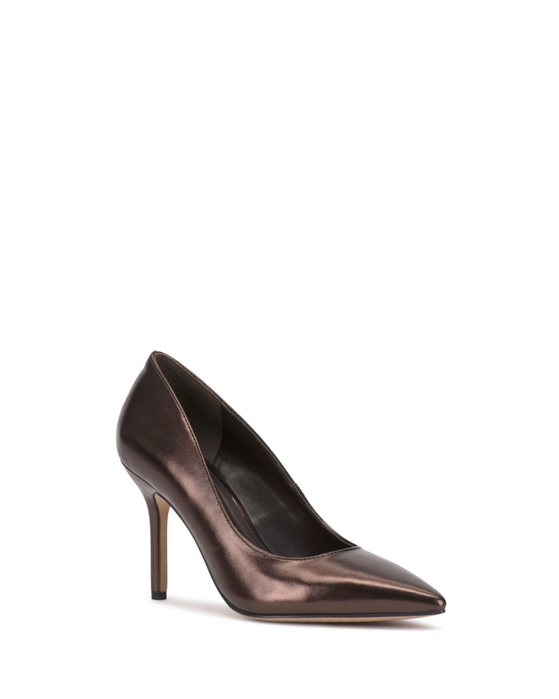The Maisha Pump by Vince Camuto is a metallic brown, pointed-toe high heel shoe with a sleek, glossy finish, displayed against a white background.