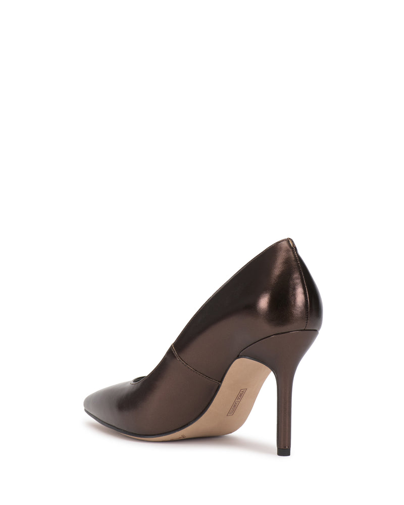 The Vince Camuto Maisha Pump, a metallic brown high-heeled shoe with a pointed toe, is shown from the back left side against a white background.