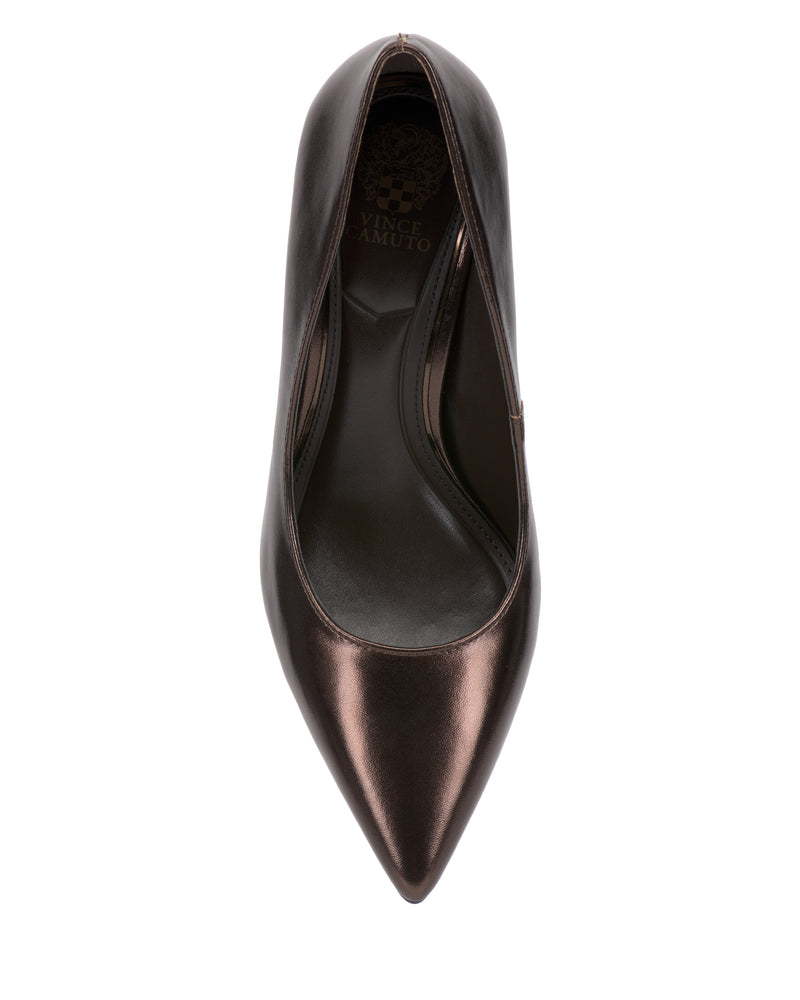 The Maisha Pump by Vince Camuto is a metallic bronze high heel featuring a pointed toe, smooth shiny finish, and a slightly curved opening, shown from an overhead view.