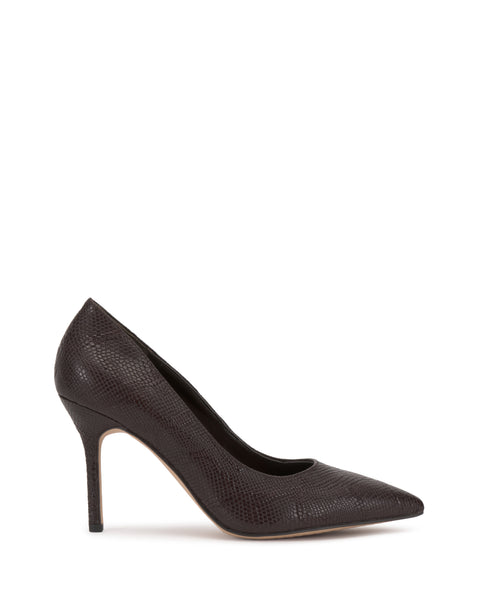 The Vince Camuto Maisha Pump is a single dark brown, textured high-heeled shoe with a pointed toe and stiletto heel, displayed in side profile against a white background.