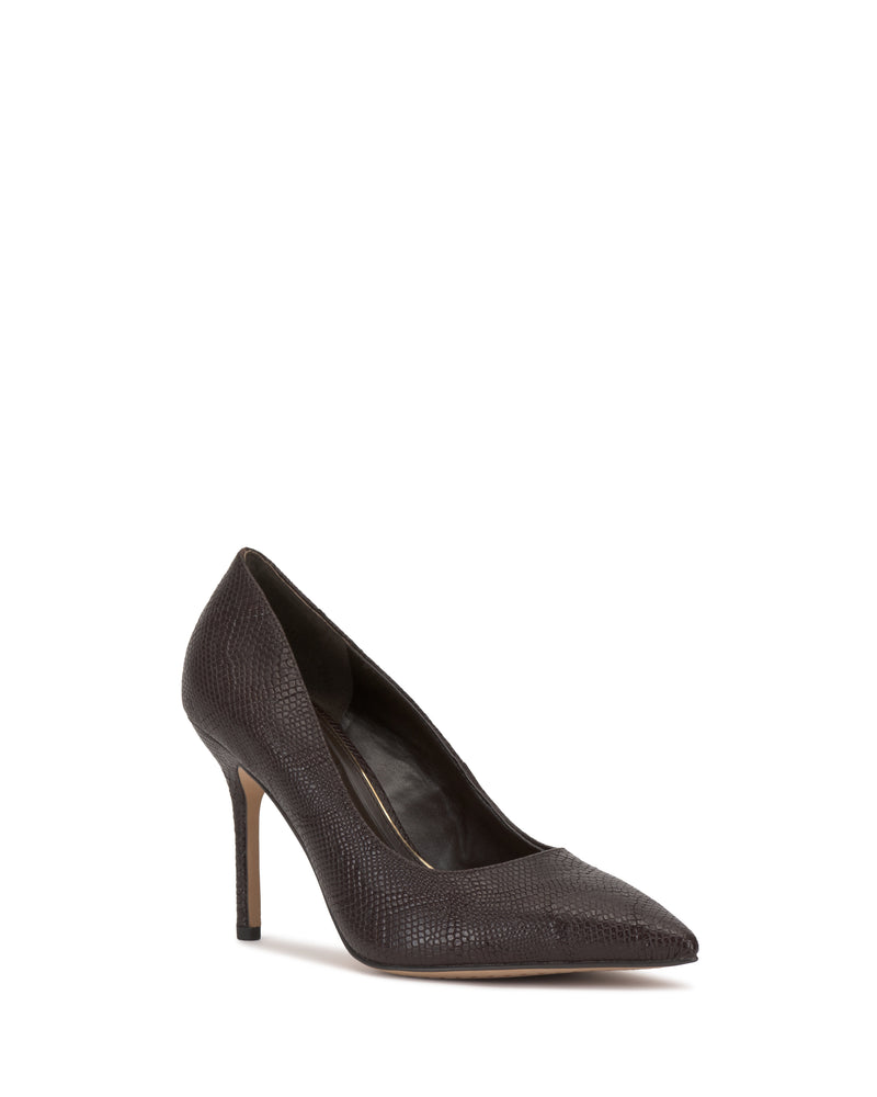 The Vince Camuto Maisha Pump is a dark brown, textured high-heeled shoe featuring a pointed toe and slim heel, showcased against a plain white background.