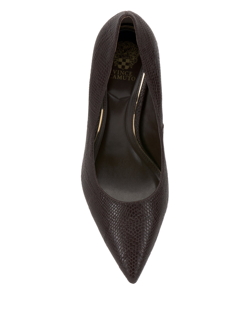 Top view of the Vince Camuto Maisha Pump, a dark brown pointed-toe high heel with a textured snakeskin-like pattern, low-cut vamp, and visible Vince Camuto branding on the insole.