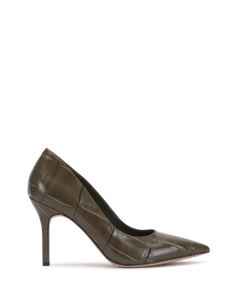 The Vince Camuto Maisha Pump is a dark olive green, crocodile-embossed leather high heel with a pointed toe and slim stiletto heel, shown in side profile against a white background.