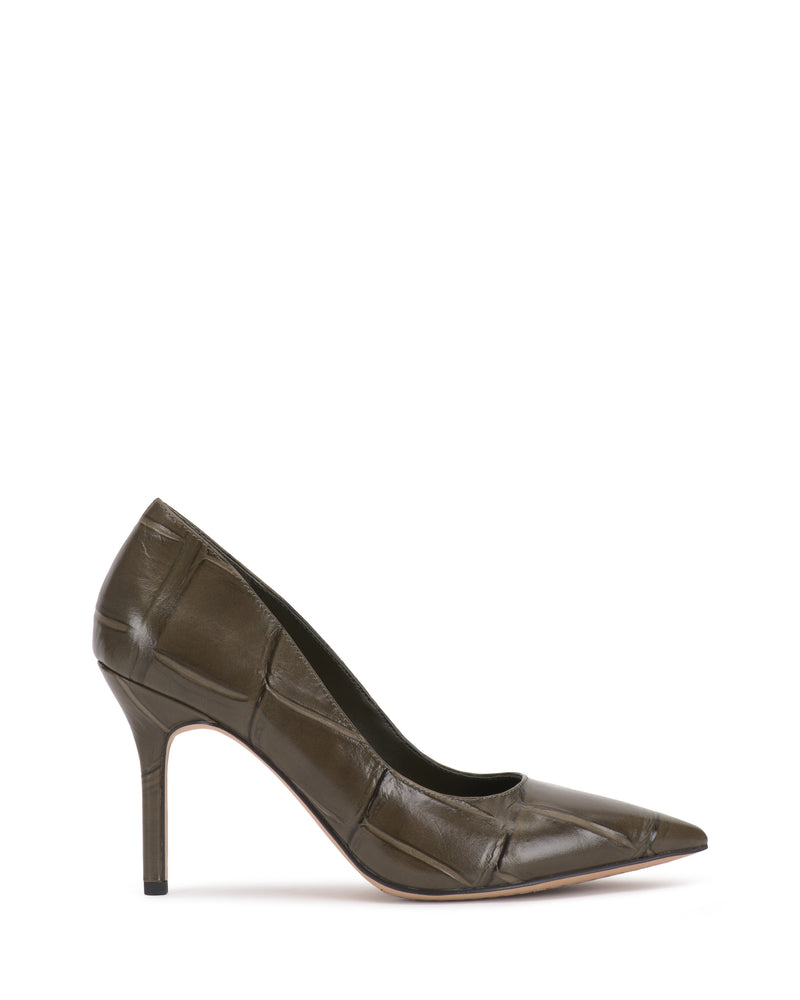 The Vince Camuto Maisha Pump is a dark olive green, crocodile-embossed leather high heel with a pointed toe and slim stiletto heel, shown in side profile against a white background.