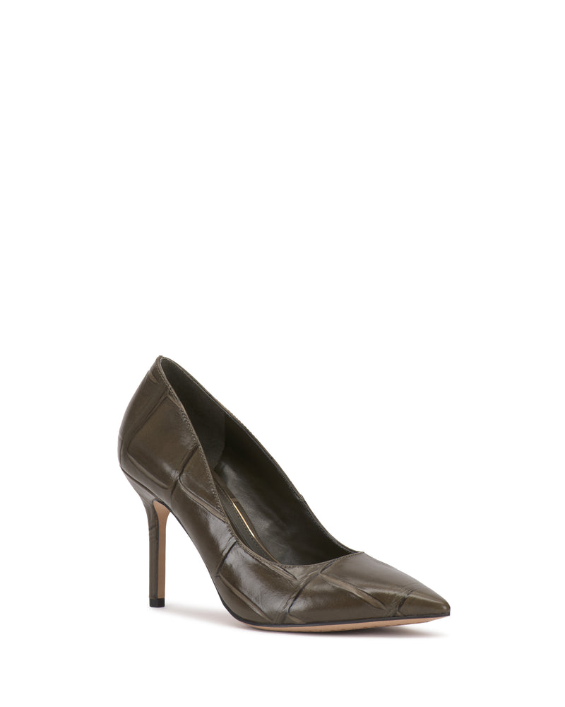 The Maisha Pump by Vince Camuto features an olive green hue, a pointed toe, a glossy finish, and a slim stiletto heel, shown on a white background.