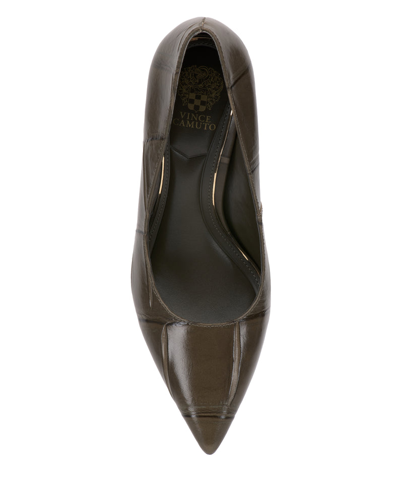 Top view of a single, shiny, brown Vince Camuto Maisha Pump featuring a pointed toe, visible stitching, and a logo on the insole.