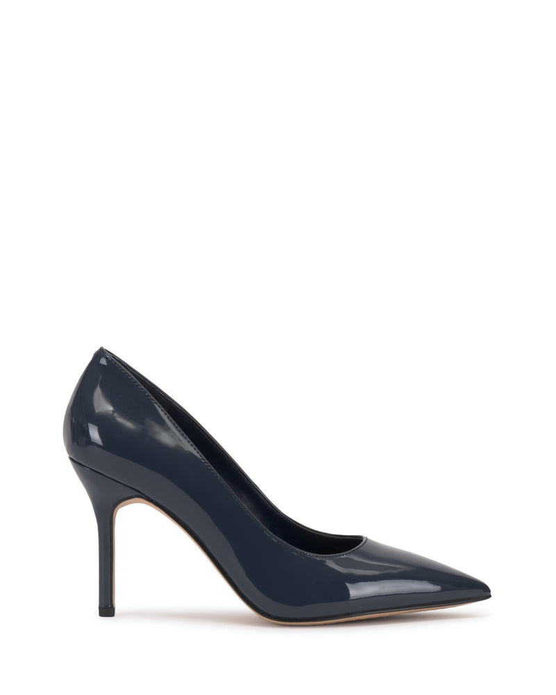 The Vince Camuto Maisha Pump is a dark navy blue patent leather high-heeled shoe with a pointed toe and stiletto heel, shown against a white background.