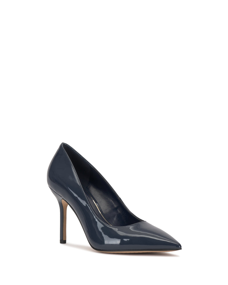 The Vince Camuto Maisha Pump is a dark blue patent leather high-heeled shoe with a pointed toe and stiletto heel, shown against a white background.