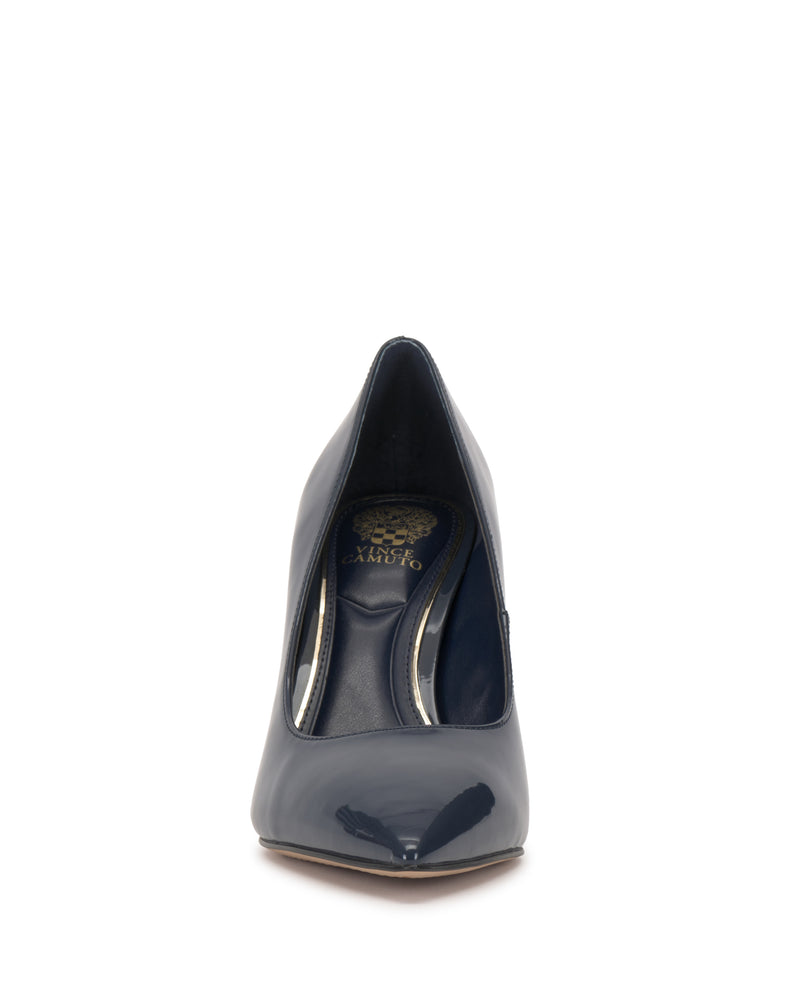 Front view of the Vince Camuto Maisha Pump, featuring sleek navy blue patent leather, a pointed toe, high heel, and a gold logo visible on the insole.