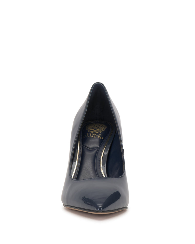 Front view of the Maisha Pump by Vince Camuto in navy blue patent leather, showing its classic heel, pointed toe, and visible insole and lining.