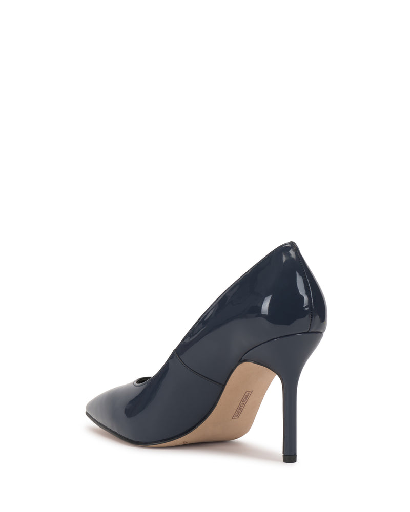 The Vince Camuto Maisha Pump, a navy blue patent leather stiletto with a pointed toe and slim heel, is displayed from the back and side on a white background.