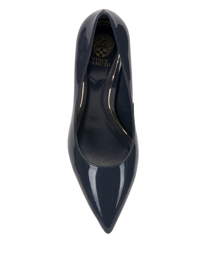 Top view of the Vince Camuto Maisha Pump, a single dark navy patent leather high-heeled shoe with a pointed toe and Vince Camuto logo on the insole, displayed against a white background.