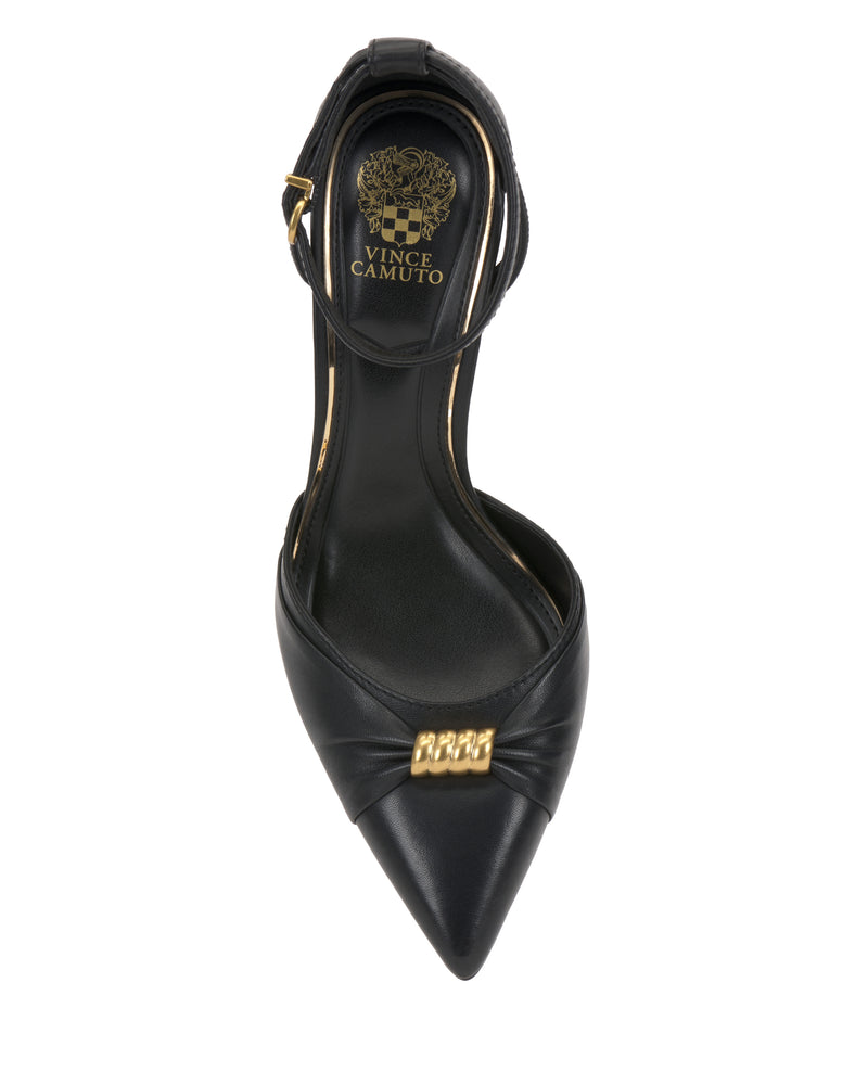Top view of the Vince Camuto Mallie Pump, a black pointed-toe women's heel with an ankle strap and gold chain detail on the front. The insole displays the Vince Camuto logo in gold.