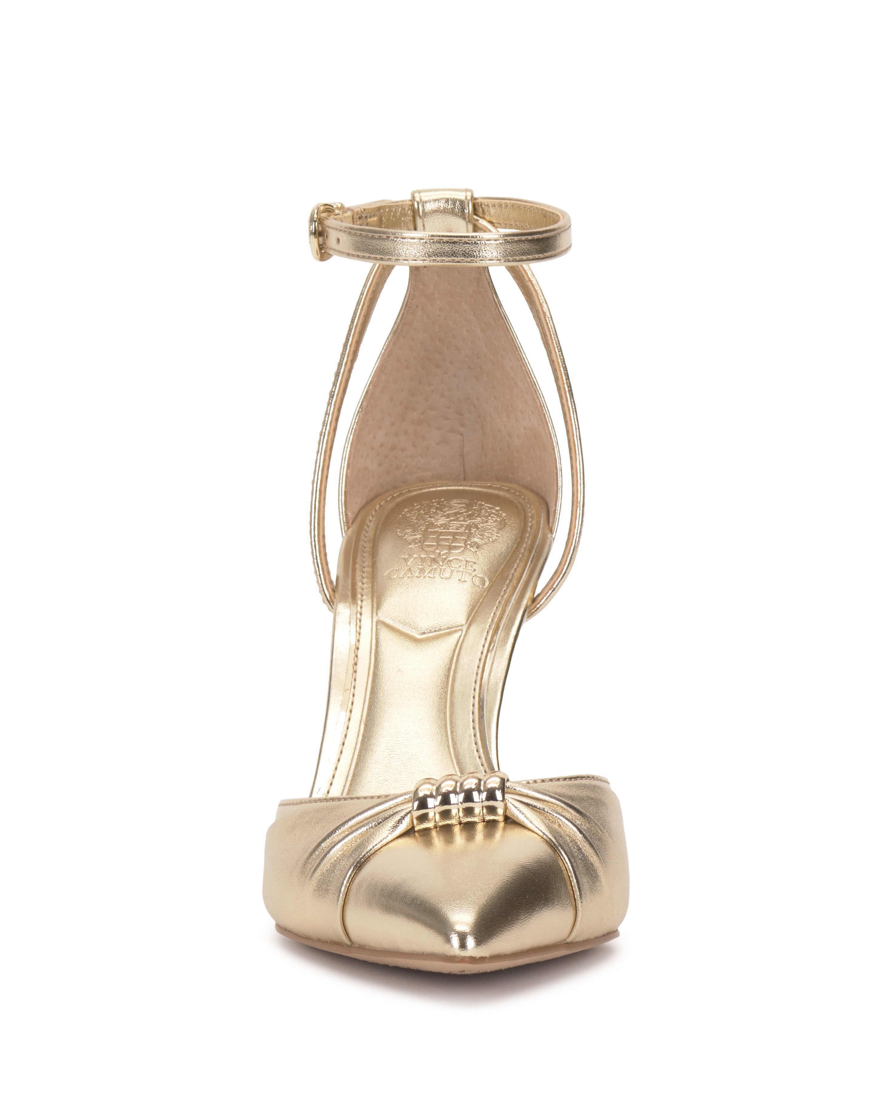 Front view of the Mallie Pump by Vince Camuto, a gold high-heeled sandal with an ankle strap and metallic bead accents on the pointed toe.