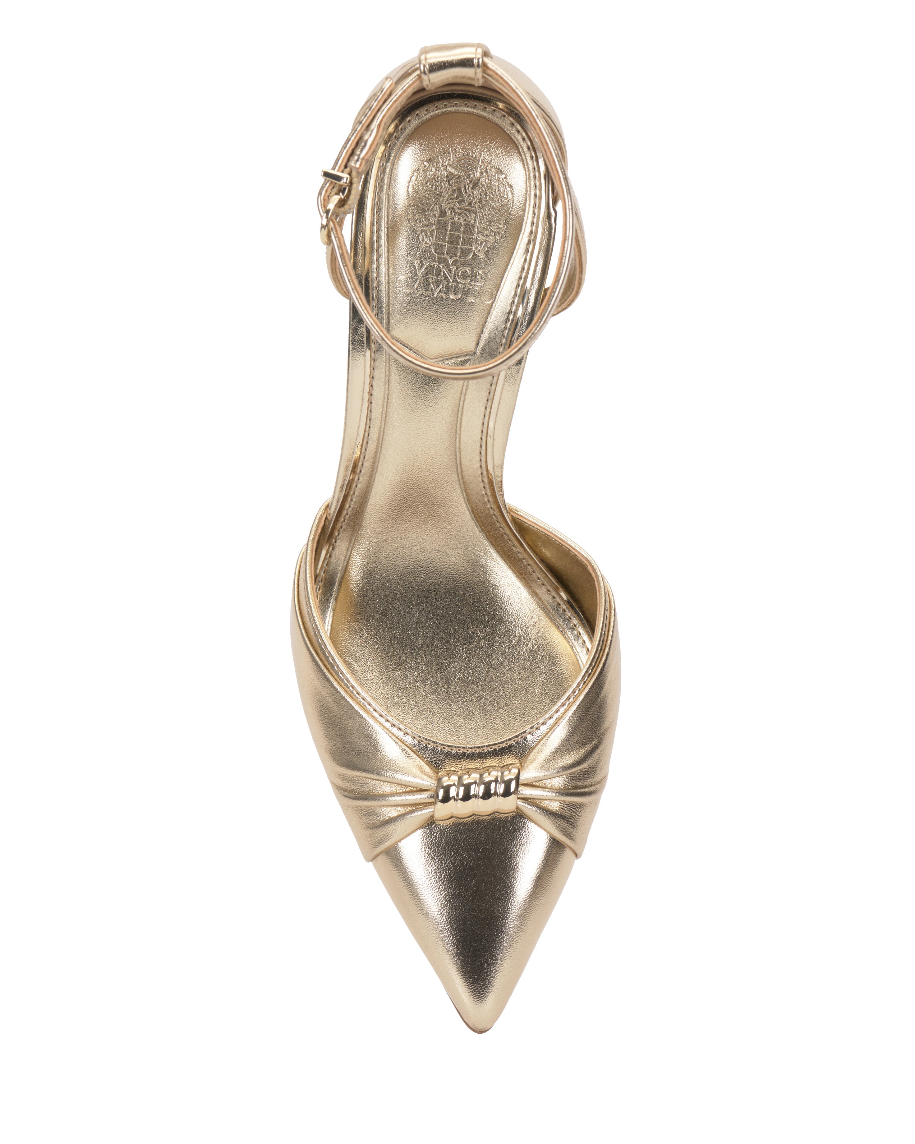 Top view of the Vince Camuto Mallie Pump—a gold pointed-toe dress shoe with an ankle strap, decorative bow, and a row of rhinestones on the front.