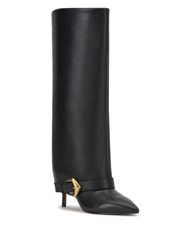 The Margee Wide Calf Cuff Knee High Boot by Vince Camuto is a tall black leather boot featuring a pointed toe, low heel, and a gold buckle detail attached to an ankle strap.