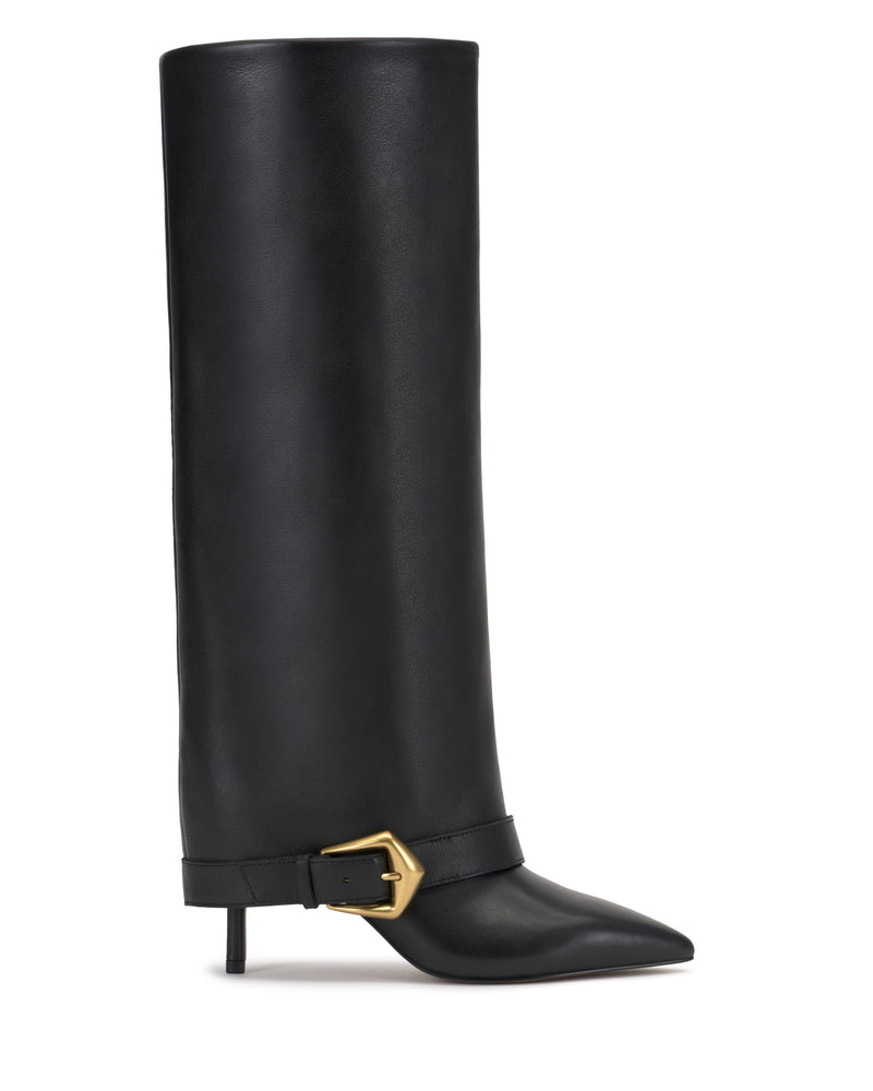 The Margee Cuff Knee High Boot by Vince Camuto is a tall black leather boot featuring a pointed toe, small heel, and a gold buckle strap near the ankle, displayed on a white background.