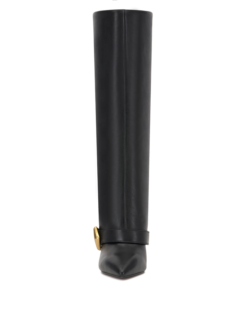 Front view of the Vince Camuto Margee Cuff Knee High Boot, a tall black leather style featuring a pointed toe and a gold circular buckle detail near the ankle.