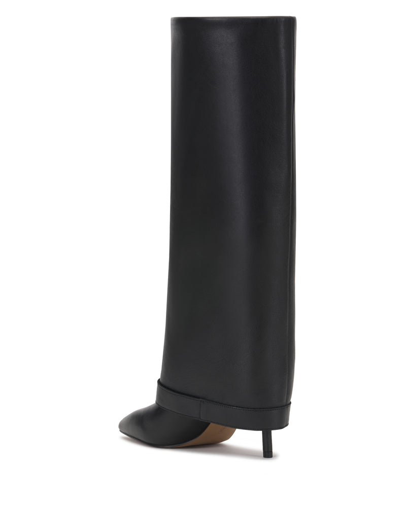 The Vince Camuto Margee Cuff Knee High Boot is a sleek, minimalist black boot featuring a single, pointed toe and an exaggeratedly tall, wide shaft that extends well above the ankle.