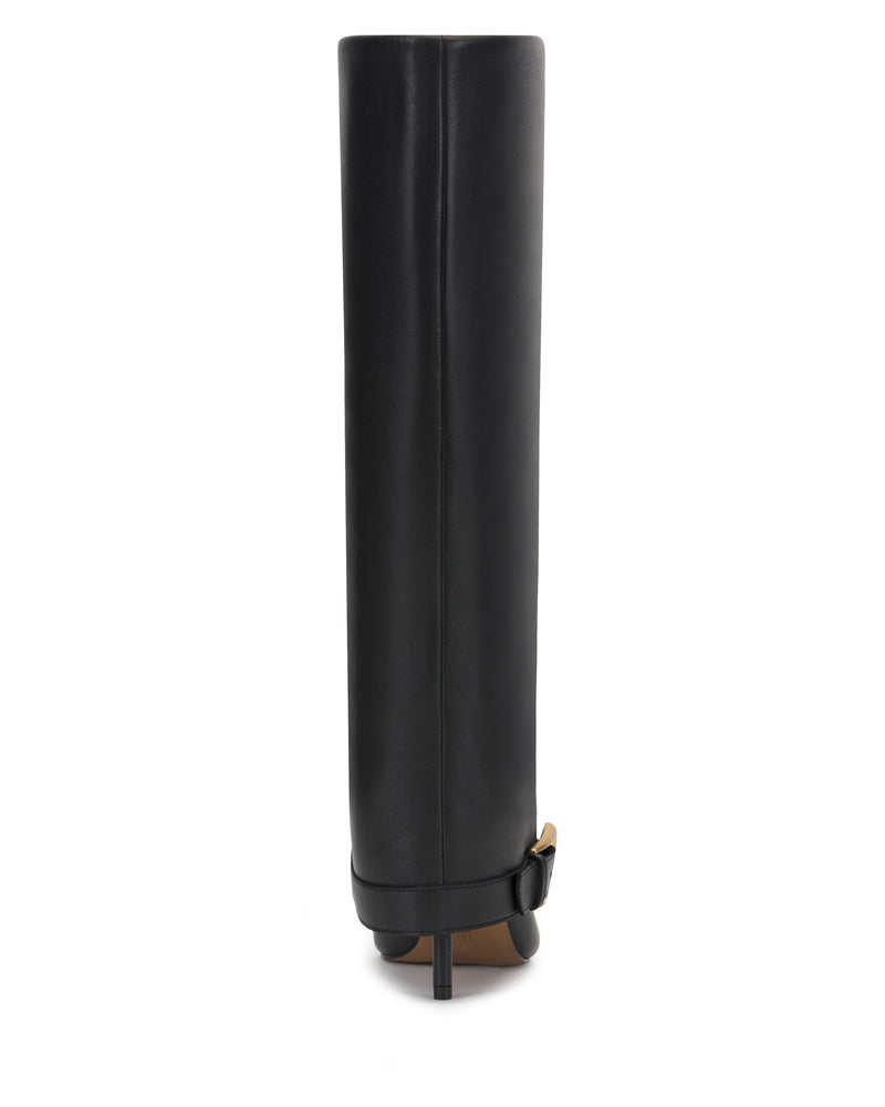 A back view of the Vince Camuto Margee Cuff Knee High Boot shows its tall black leather design with a straight shaft, small heel, and a decorative ankle strap with buckle detail.