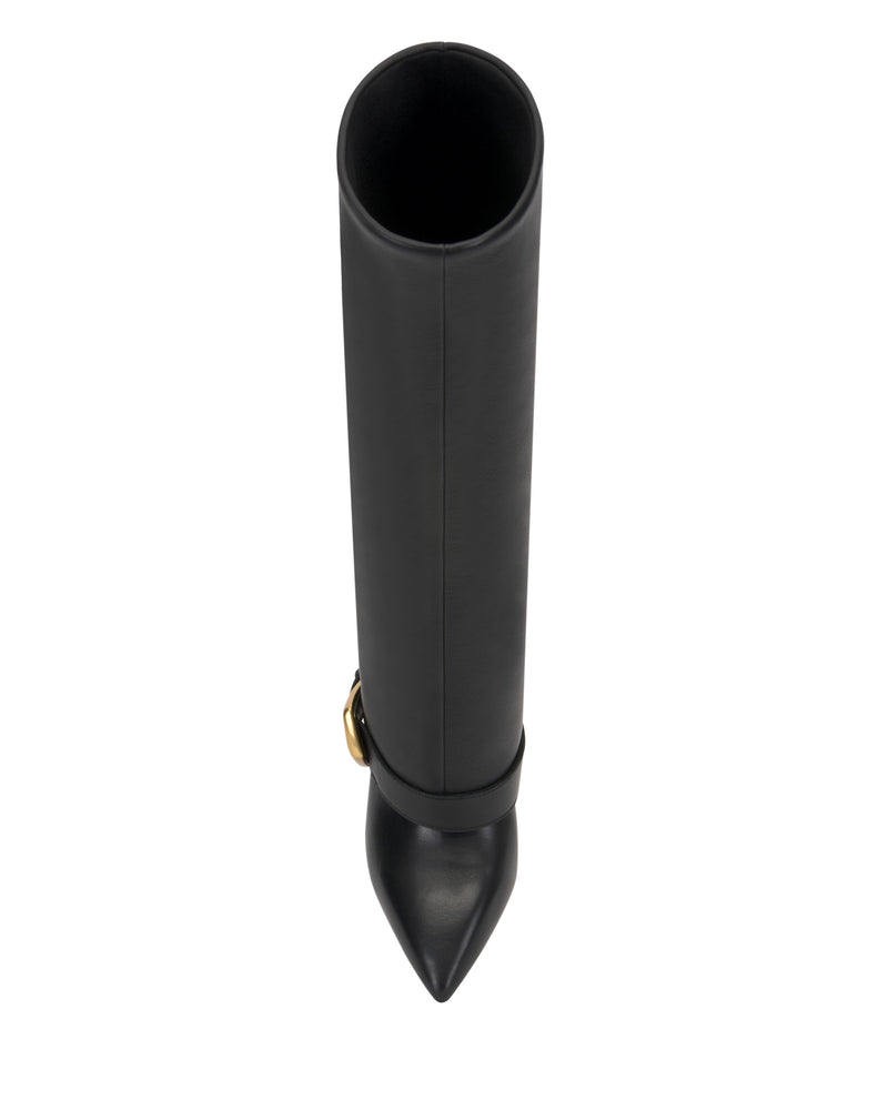 Top view of the Vince Camuto Margee Cuff Knee High Boot, a single tall black leather boot featuring a pointed toe and gold buckle detail on the side, displayed against a white background.