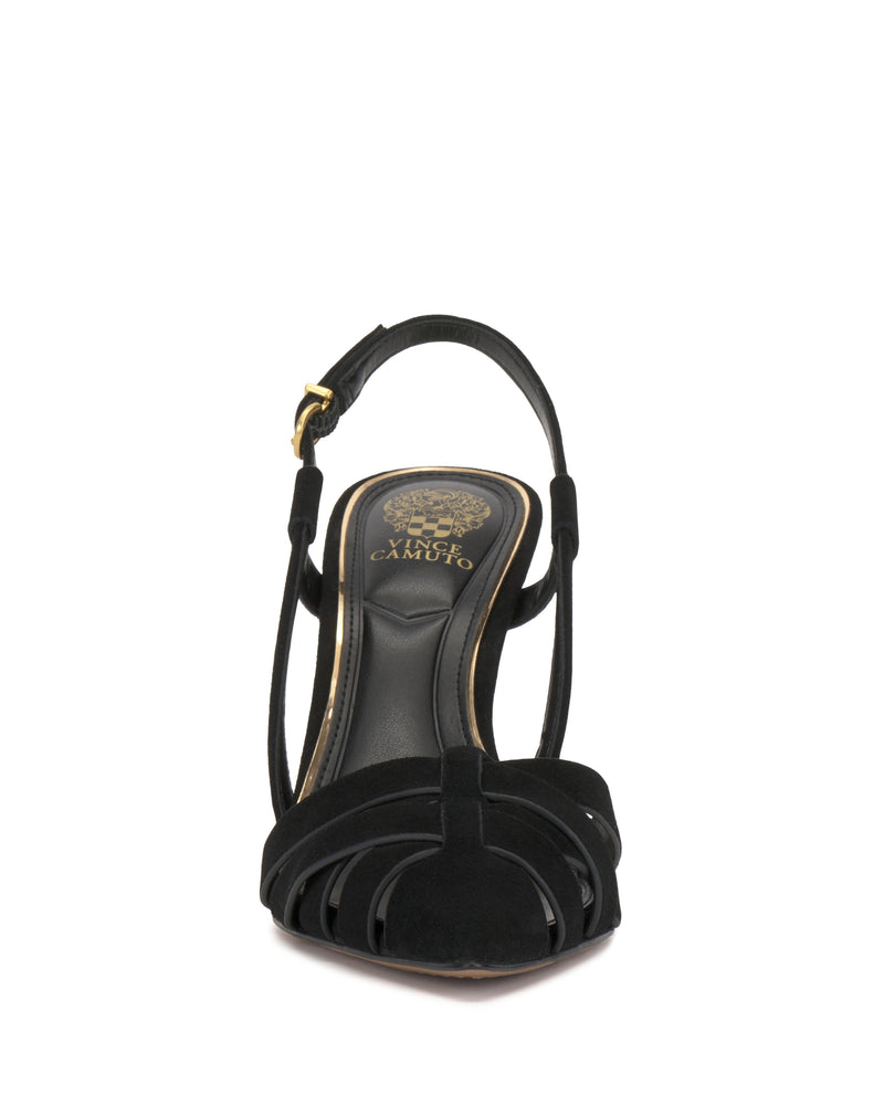 Front view of the Vince Camuto Marsia Pump, a black open-toe women’s sandal featuring crisscross suede straps at the toe, a gold logo on the insole, and a slingback strap with small buckle.