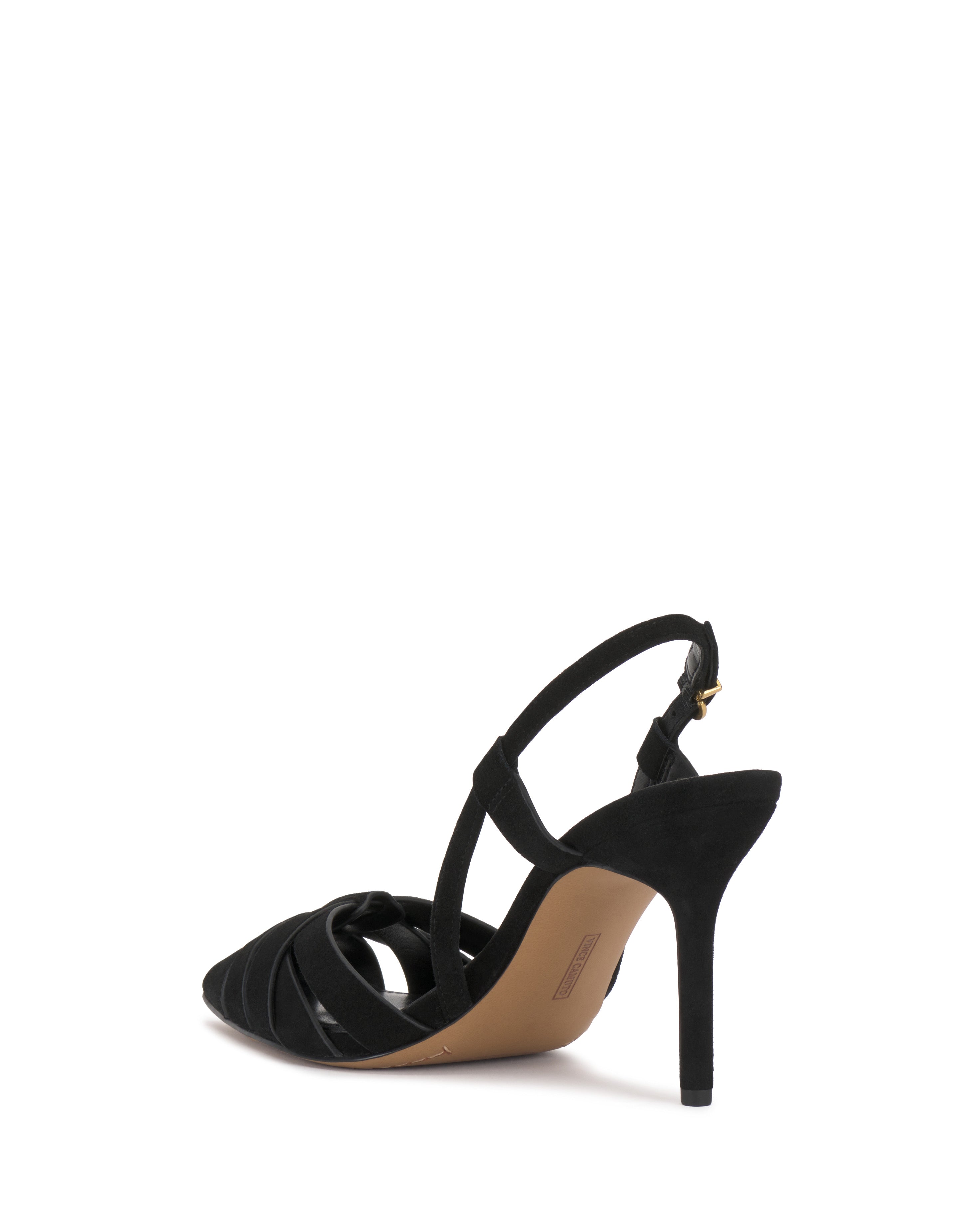 The Marsia Pump by Vince Camuto is a black, pointed-toe sandal with crisscross straps, a slingback ankle strap, medium heel, and tan sole, shown from the back and slightly to the side.