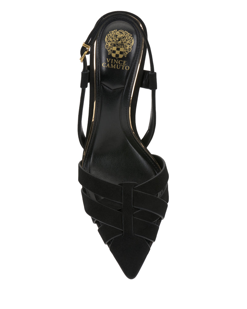 The Marsia Pump by Vince Camuto is a black pointed-toe slingback with crisscross suede straps and a gold logo on the insole, shown from above.