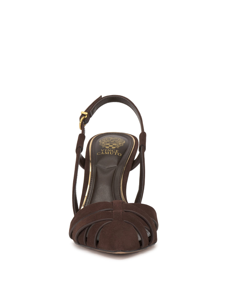 Front view of the Marsia Pump by Vince Camuto—a brown suede open-toe heel sandal with a slingback strap, gold buckle, and the Vince Camuto logo printed in gold on the insole.