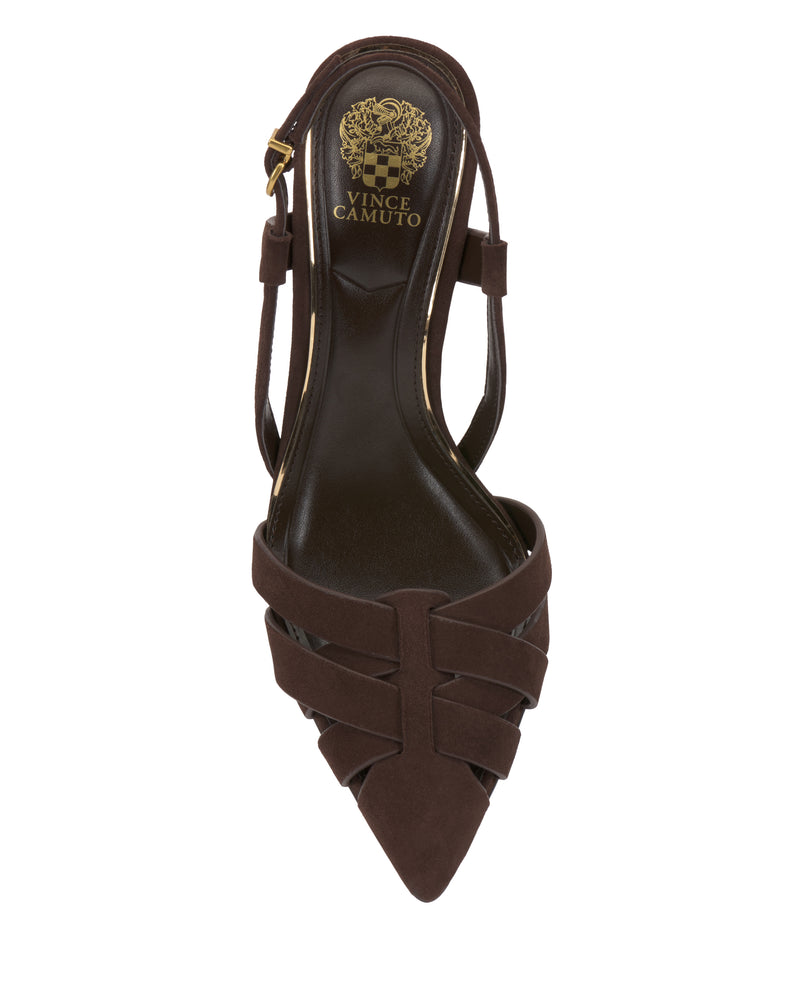 The Vince Camuto Marsia Pump is a brown pointed-toe slingback shoe with cutout straps, a low heel, and gold branding on the insole.