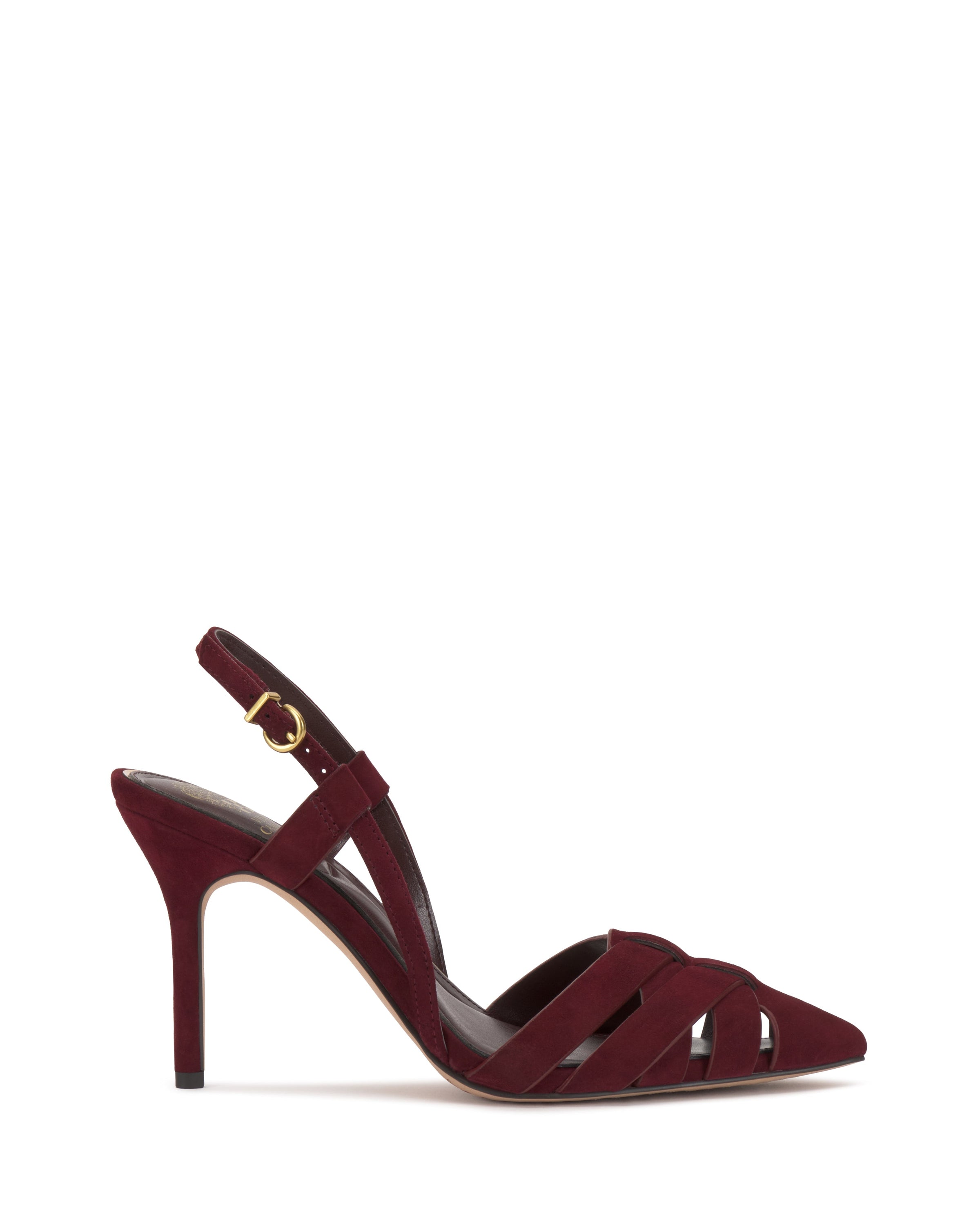 The Vince Camuto Marsia Pump features burgundy suede, a woven pointed toe, strappy front, and gold buckle ankle strap. Its moderately high slender heel adds elegance to this chic slingback design.