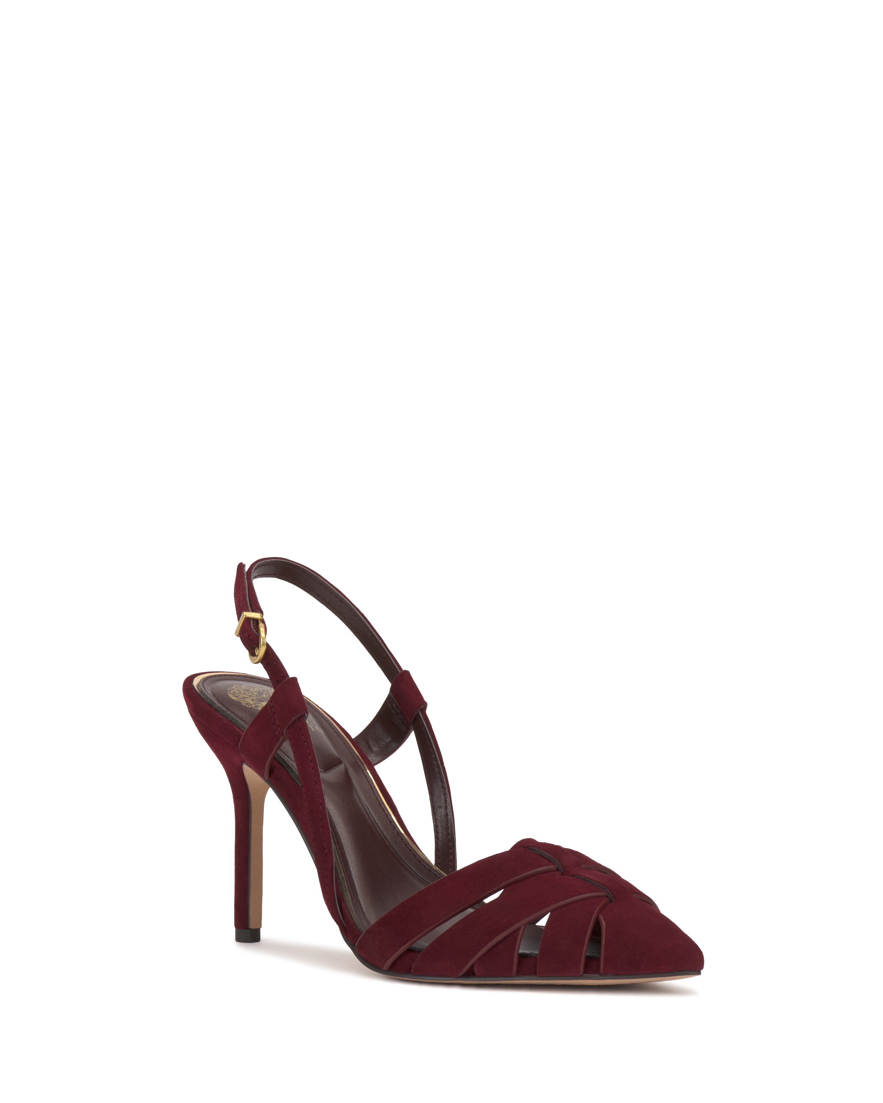 The Marsia Pump by Vince Camuto is a burgundy suede high-heeled slingback with a pointed toe and crisscross straps, shown on a white background.