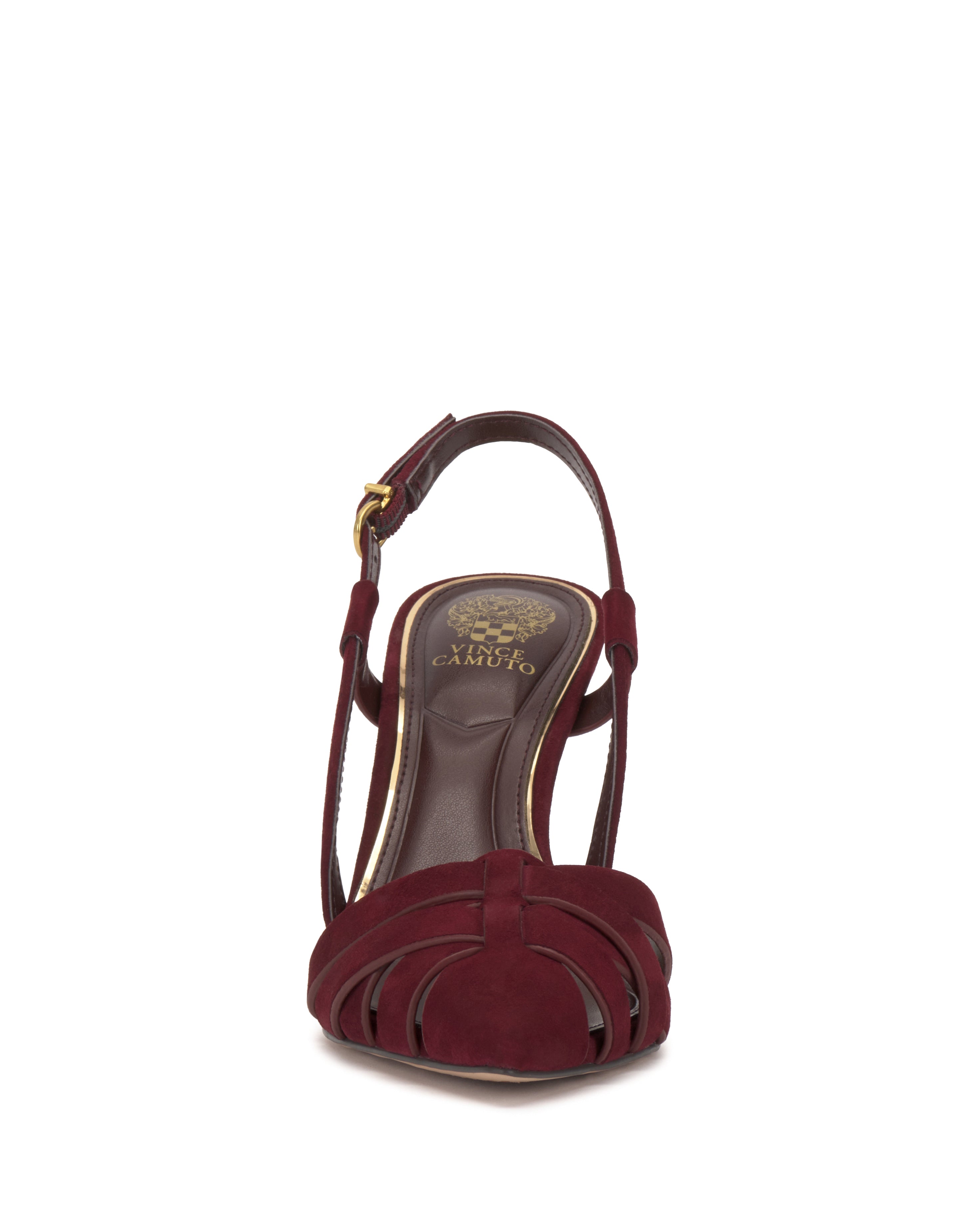 Front view of the Marsia Pump by Vince Camuto: a burgundy suede open-toe slingback heel with gold buckle, decorative cutouts, and an insole displaying a gold logo and design.
