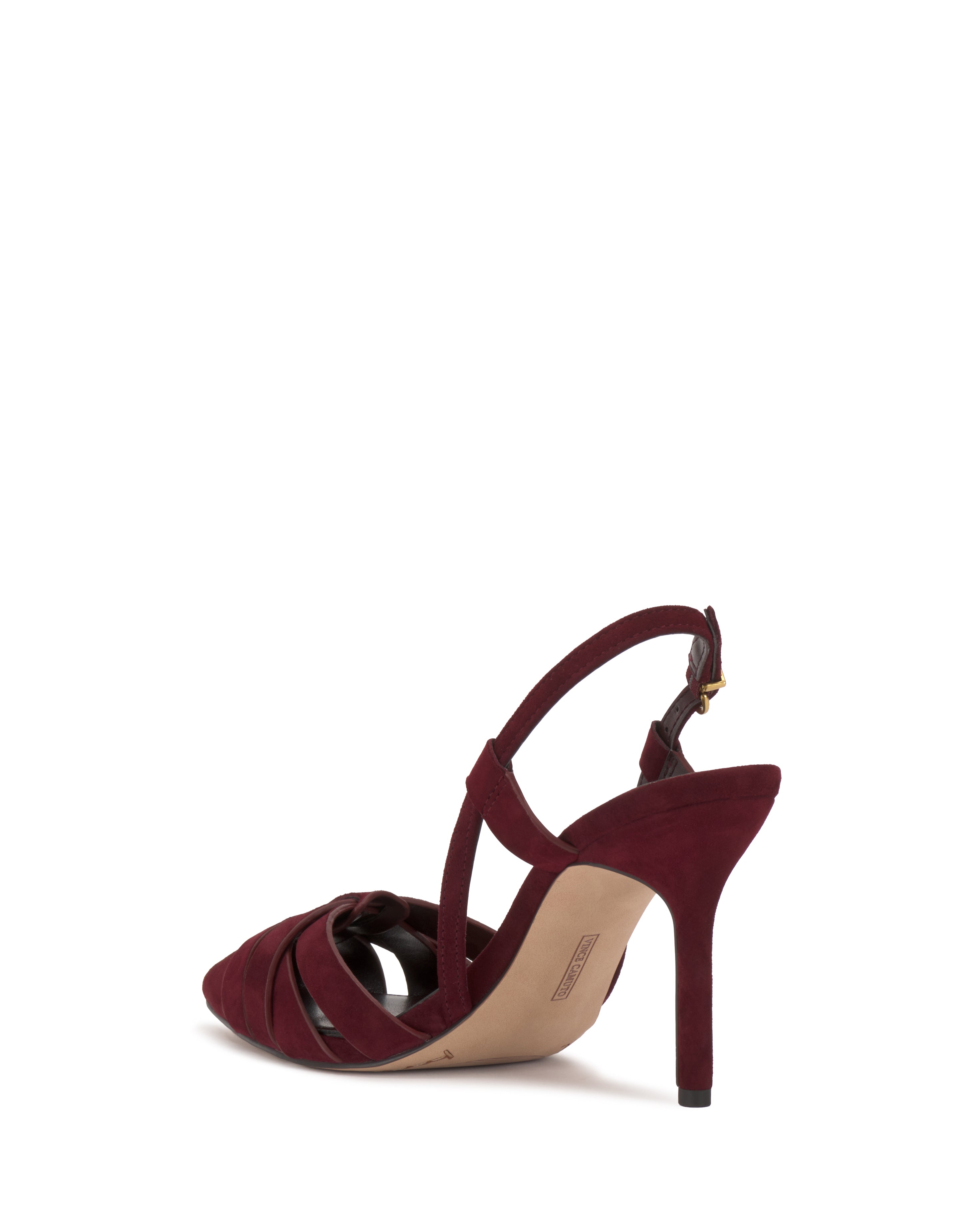 The Vince Camuto Marsia Pump is a maroon suede high heel with pointed toe, crossover front straps, and a slingback ankle strap with buckle, shown from the back right angle on a white background.