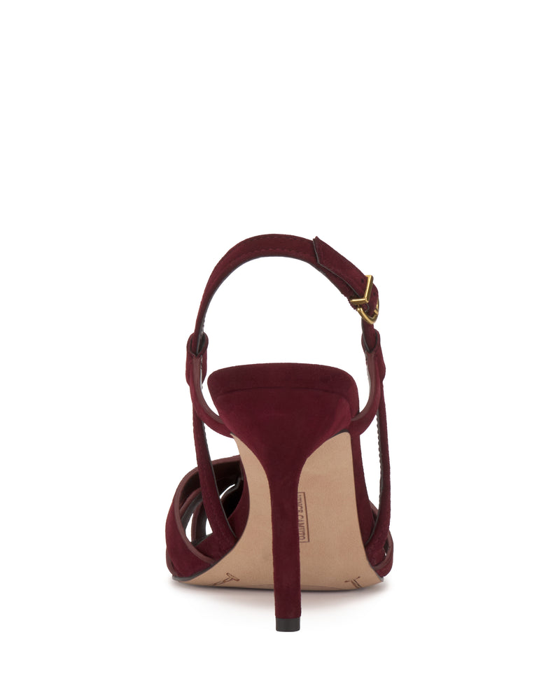 The Vince Camuto Marsia Pump is a burgundy sandal with a slim high heel, single ankle strap with gold buckle, open heel design, and beige sole, shown from the back.