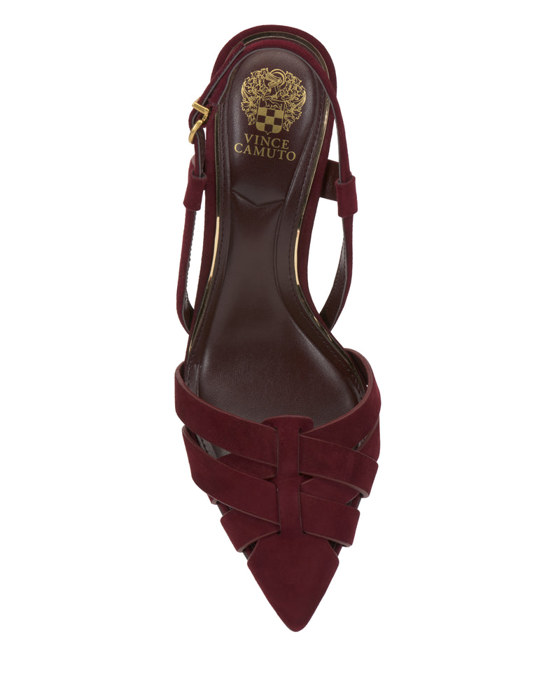 Top view of the Marsia Pump by Vince Camuto, a burgundy women’s pointed-toe sandal with crisscross suede straps, open back, and a small gold buckle on the ankle strap.
