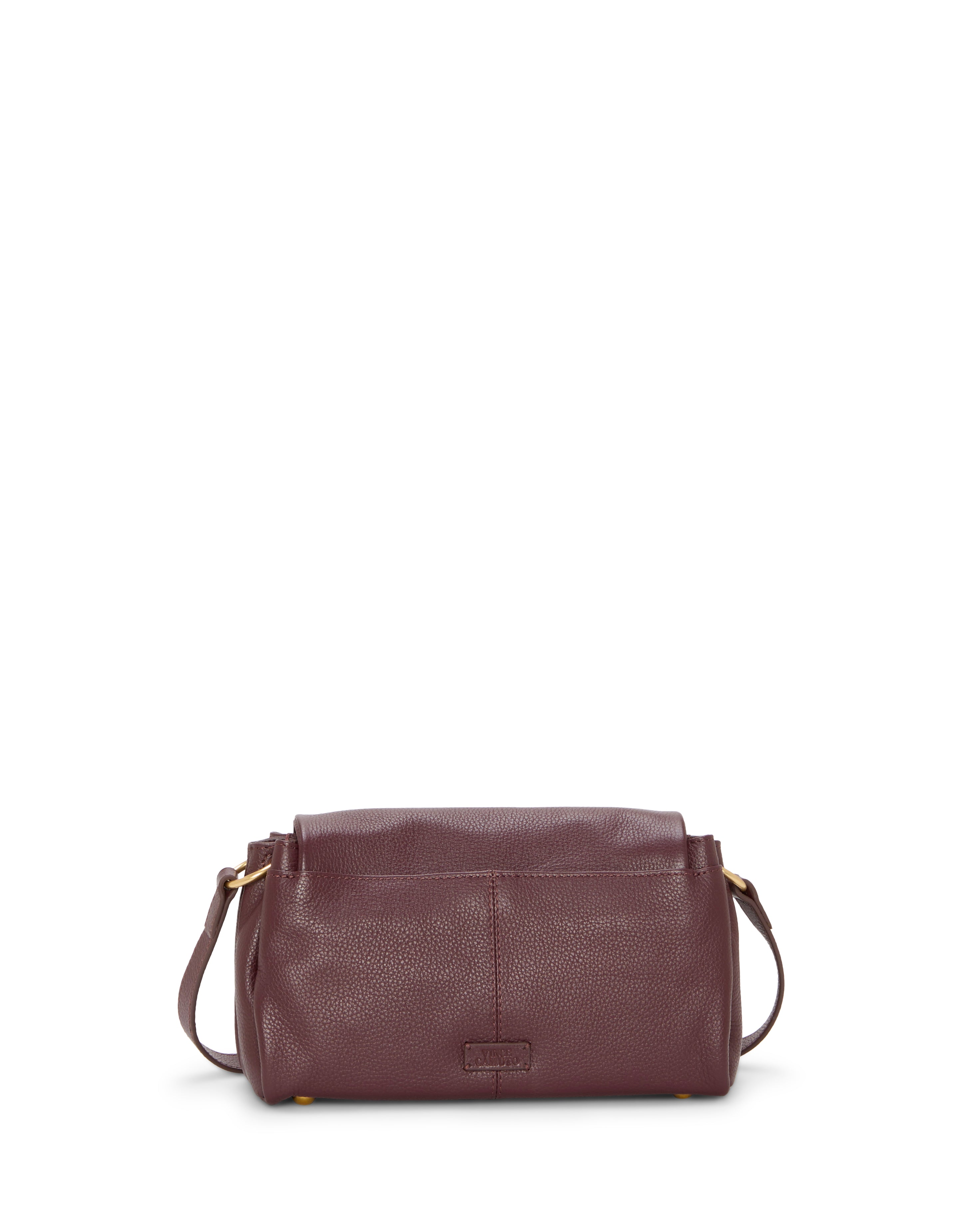 The Vince Camuto Medna Crossbody Bag is a brown leather bag with a long adjustable strap and gold-tone hardware, featuring a simple rectangular design. It is shown against a white background.