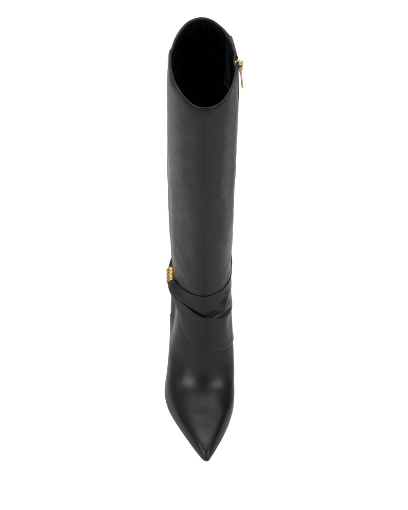 Top view of the Vince Camuto Meezo Narrow Calf Knee High Boot, featuring a pointed toe, chic hardware on the ankle strap, skinny heel, and side zipper in sleek black.