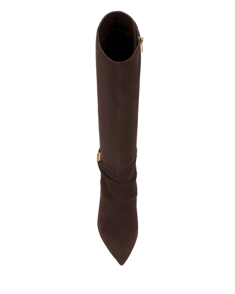 Top view of the Meezo Narrow Calf Knee High Boot by Vince Camuto, a tall dark brown suede boot with a pointed toe and side gold hardware zipper, set against a white background.
