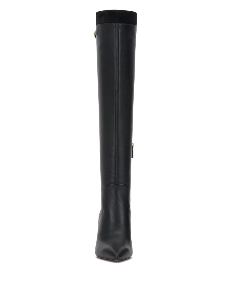 The Meleis Wide Calf Over the Knee Boot by Vince Camuto, shown from the front against a white background, is a single black boot featuring a pointed toe and a side zipper.