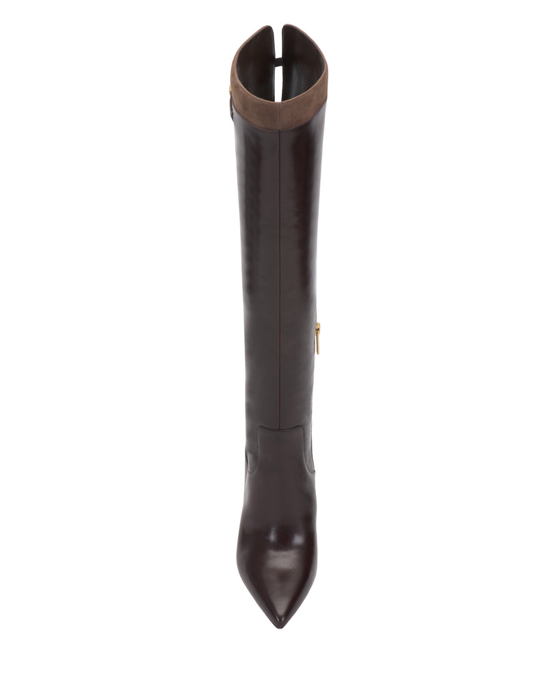 Top view of the Vince Camuto Meleis Over the Knee Boot, a tall, dark brown leather boot with a pointed toe and a slightly lighter brown cuff at the top, shown against a white background.