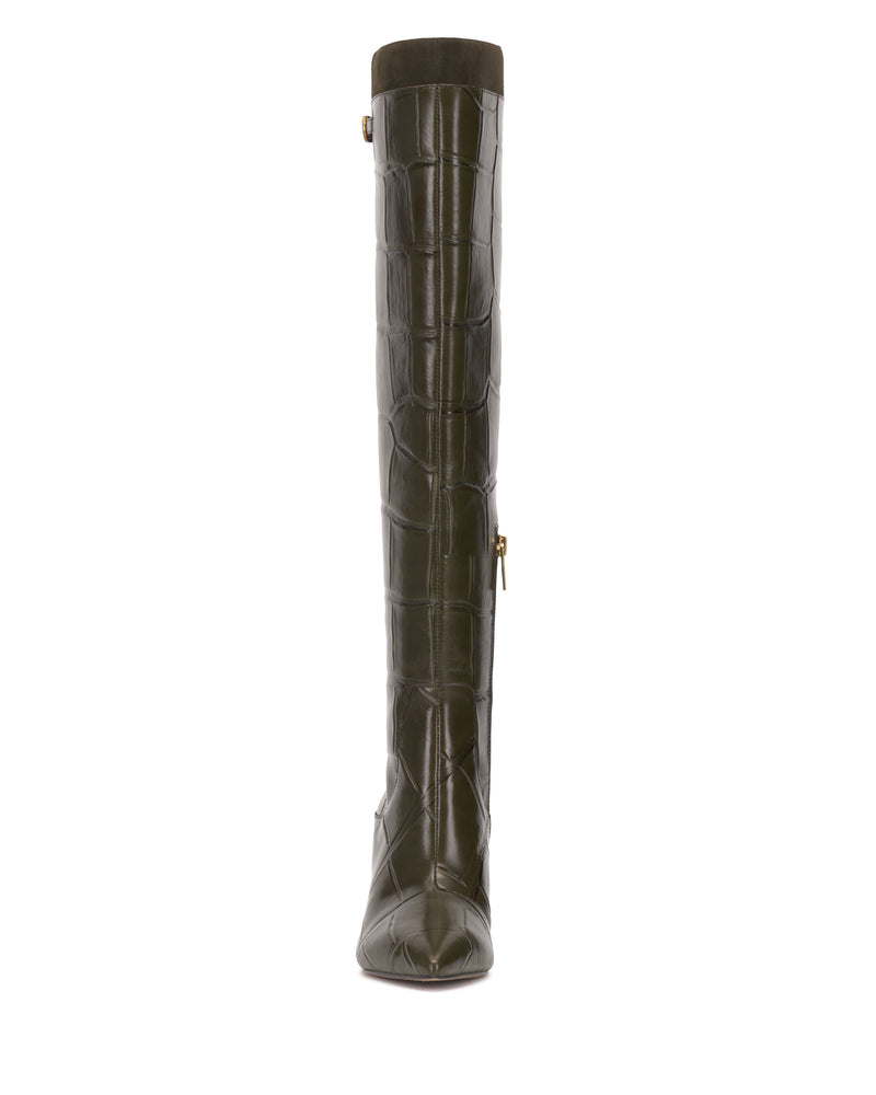 Front view of the Meleis Over the Knee Boot by Vince Camuto, featuring tall, dark green, crocodile-embossed leather with a rounded toe and a side zipper.
